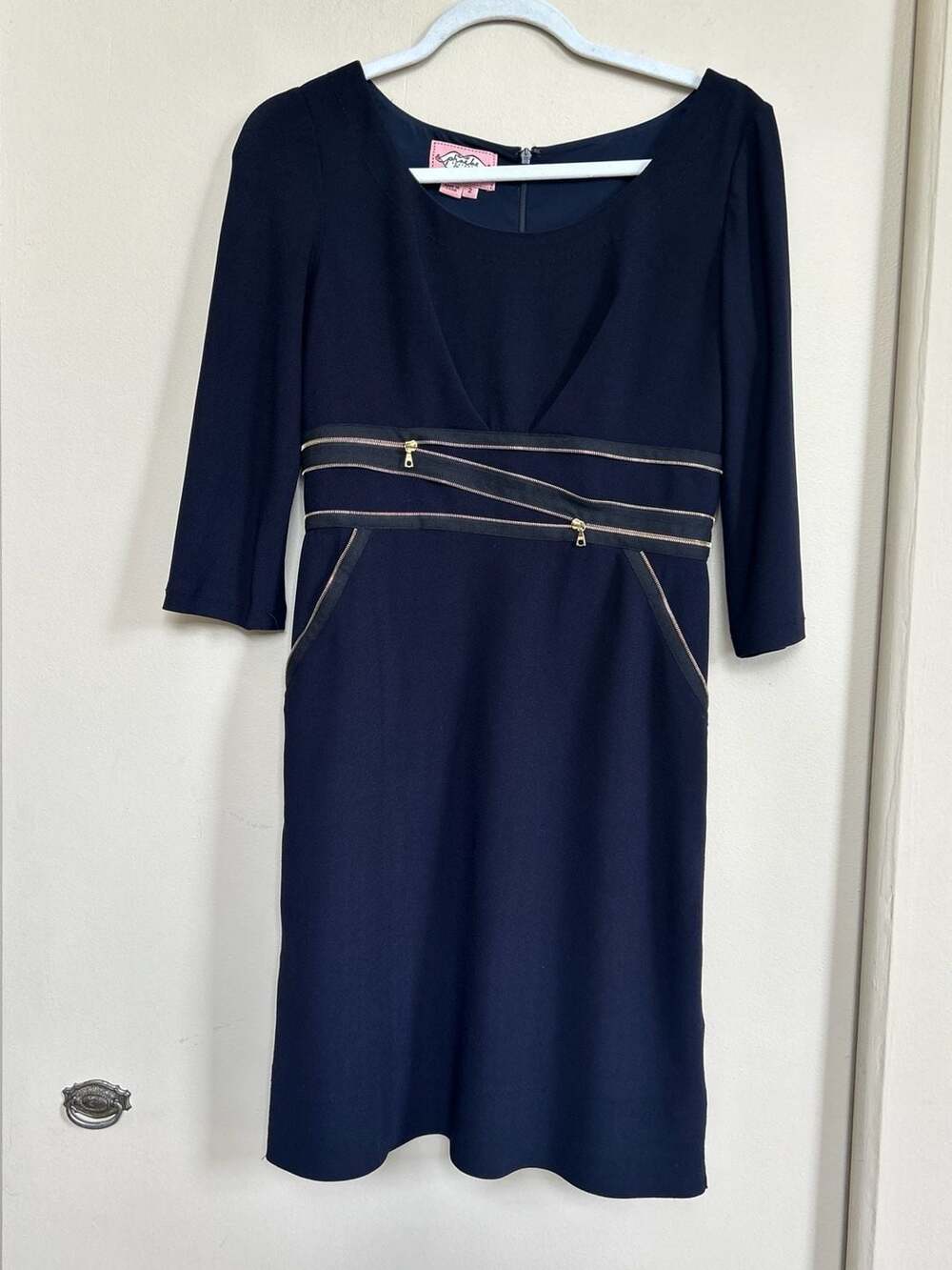 Phoebe Couture Dark Navy Blue Cocktail Dress with Gold Zippers Size 2